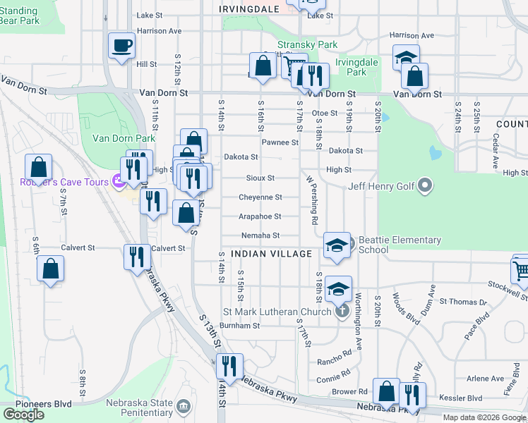 map of restaurants, bars, coffee shops, grocery stores, and more near 1600 Arapahoe Street in Lincoln
