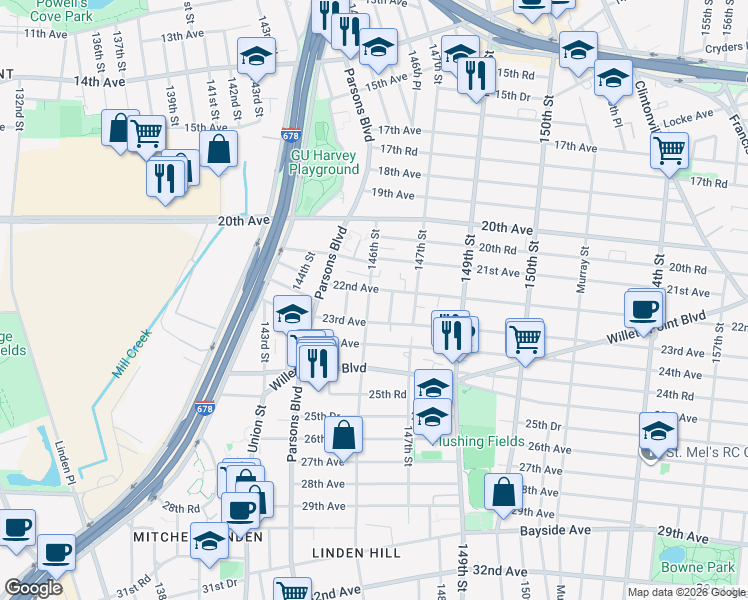 map of restaurants, bars, coffee shops, grocery stores, and more near 22-09 146th Street in Queens