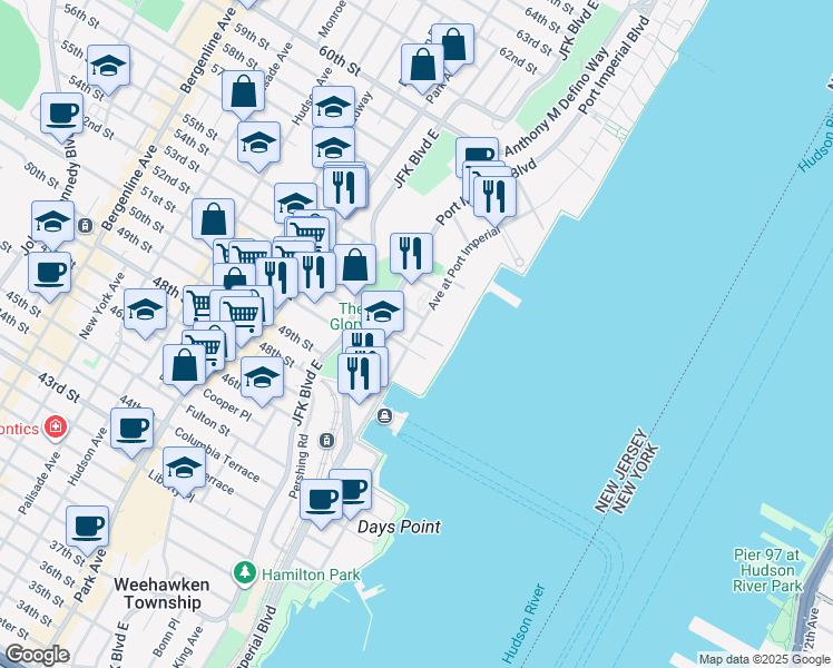 map of restaurants, bars, coffee shops, grocery stores, and more near 9 Avenue at Port Imperial in West New York