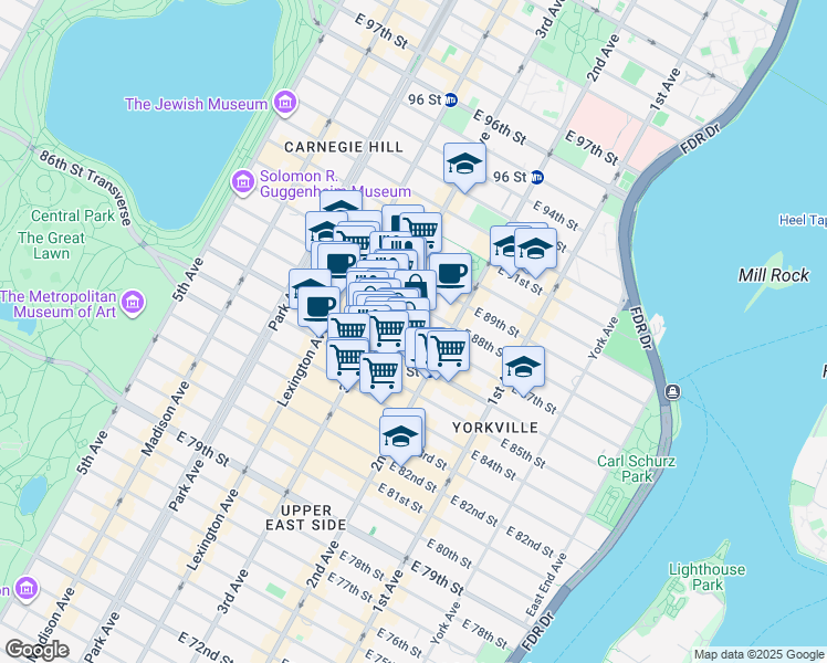 map of restaurants, bars, coffee shops, grocery stores, and more near East 87th Street in New York