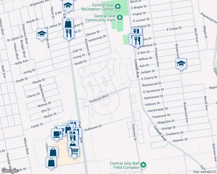 map of restaurants, bars, coffee shops, grocery stores, and more near 14 Fairlawn Drive in Central Islip