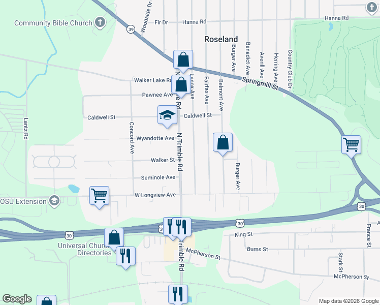 map of restaurants, bars, coffee shops, grocery stores, and more near 723 Lenox Avenue in Mansfield