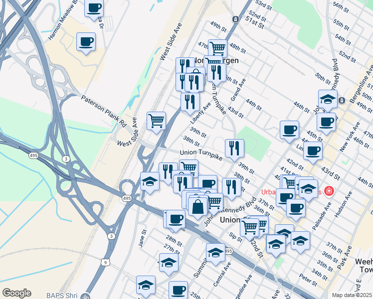 map of restaurants, bars, coffee shops, grocery stores, and more near 1524 Union Turnpike in North Bergen