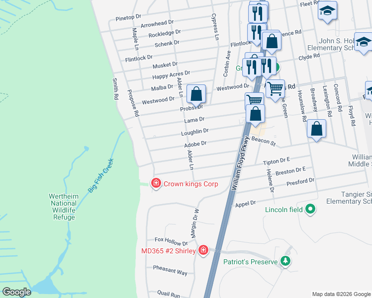 map of restaurants, bars, coffee shops, grocery stores, and more near 55 Alder Lane in Shirley