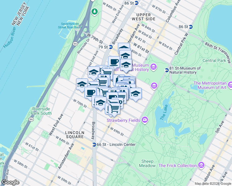 map of restaurants, bars, coffee shops, grocery stores, and more near 107 West 74th Street in New York