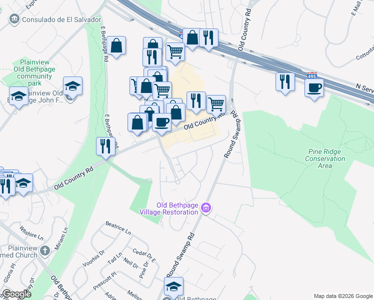 map of restaurants, bars, coffee shops, grocery stores, and more near 41203 Silver Birch Lane in Plainview