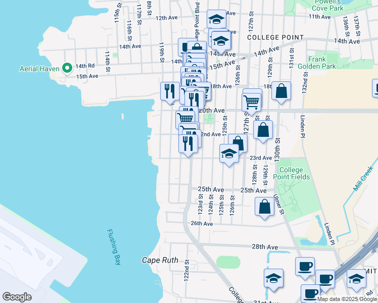 map of restaurants, bars, coffee shops, grocery stores, and more near 2238 College Point Boulevard in Queens