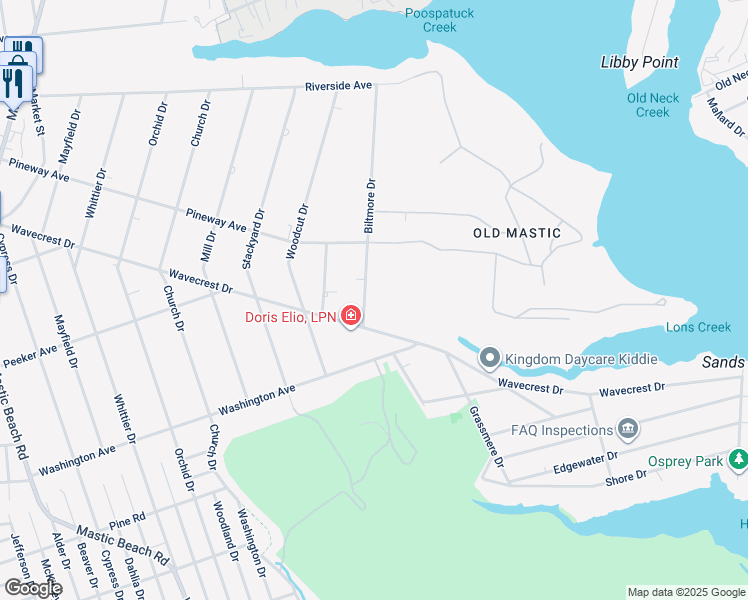 map of restaurants, bars, coffee shops, grocery stores, and more near 7 Biltmore Drive in Mastic Beach