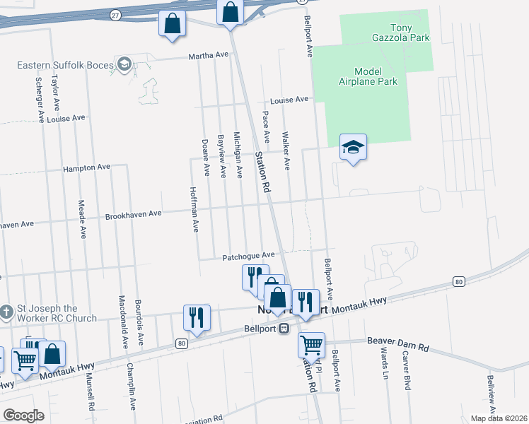 map of restaurants, bars, coffee shops, grocery stores, and more near 655 Post Ave in Bellport