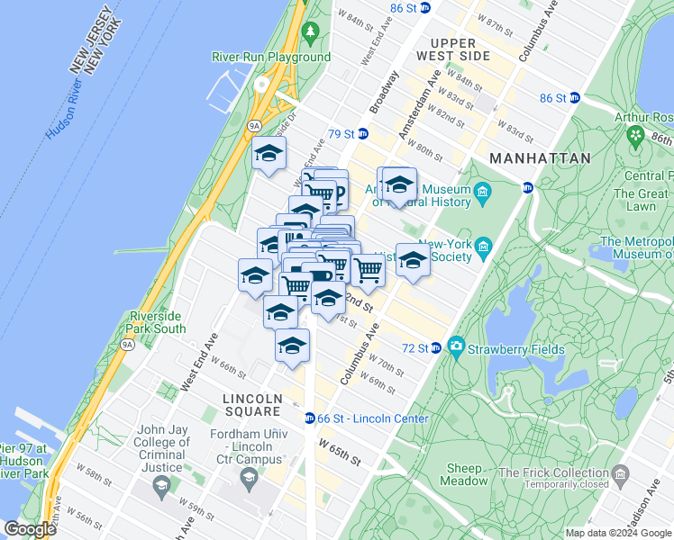 map of restaurants, bars, coffee shops, grocery stores, and more near 170 West 73rd Street in New York