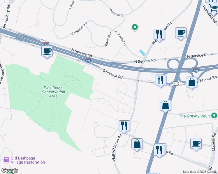 map of restaurants, bars, coffee shops, grocery stores, and more near 1 Canon Park in Melville