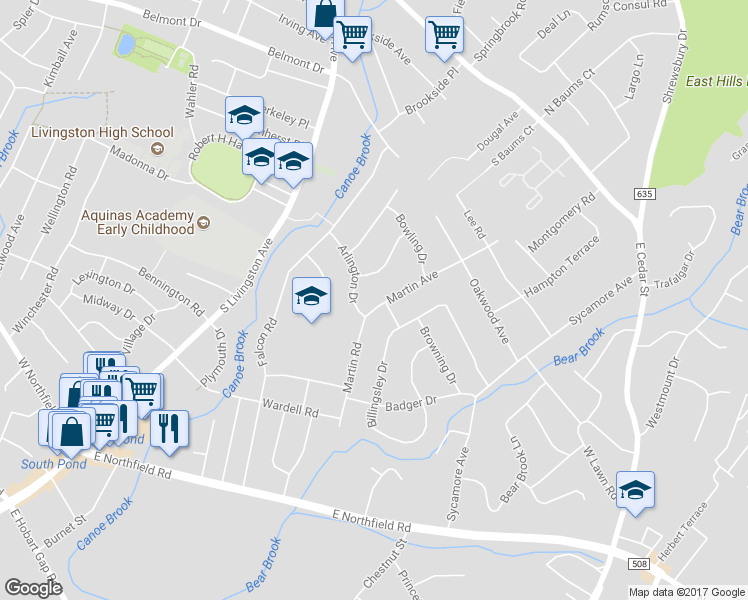map of restaurants, bars, coffee shops, grocery stores, and more near 73 Martin Road in Livingston
