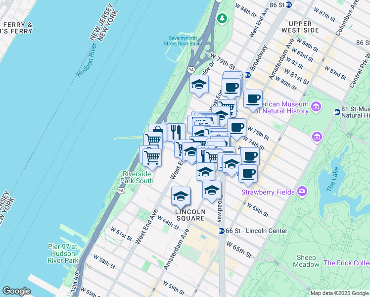 map of restaurants, bars, coffee shops, grocery stores, and more near 315 West 70th Street in New York
