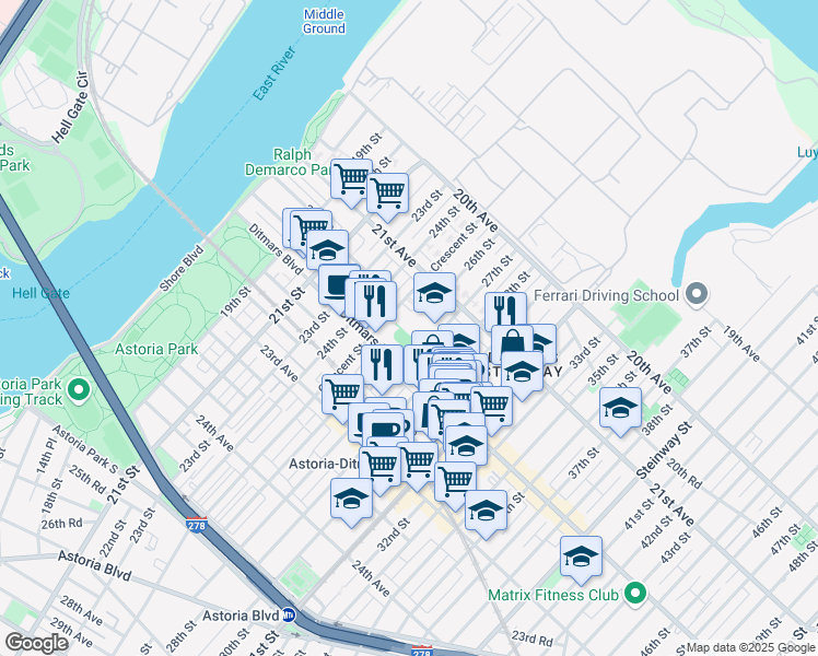 map of restaurants, bars, coffee shops, grocery stores, and more near 2135 Crescent Street in Queens