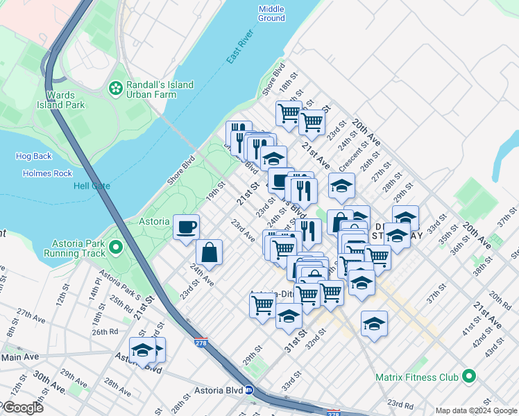 map of restaurants, bars, coffee shops, grocery stores, and more near 22-38 23rd Street in Queens