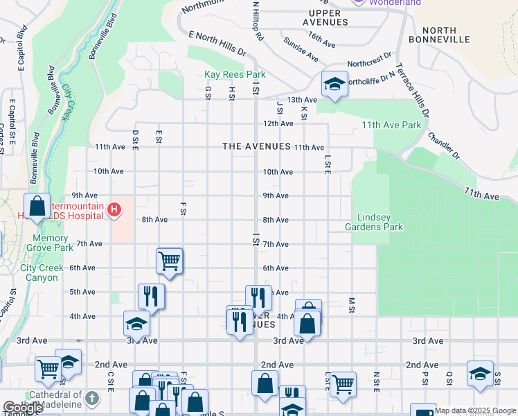 map of restaurants, bars, coffee shops, grocery stores, and more near 420 I Street in Salt Lake City
