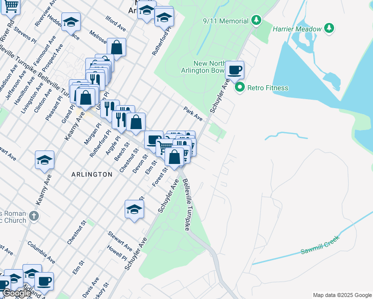 map of restaurants, bars, coffee shops, grocery stores, and more near 112 Exton Avenue in North Arlington
