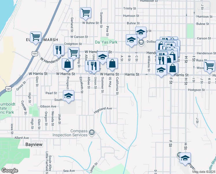 map of restaurants, bars, coffee shops, grocery stores, and more near 3234 Pine Street in Eureka