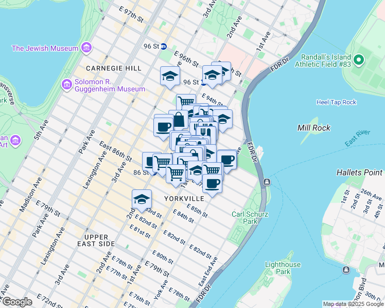 map of restaurants, bars, coffee shops, grocery stores, and more near 343 East 89th Street in New York