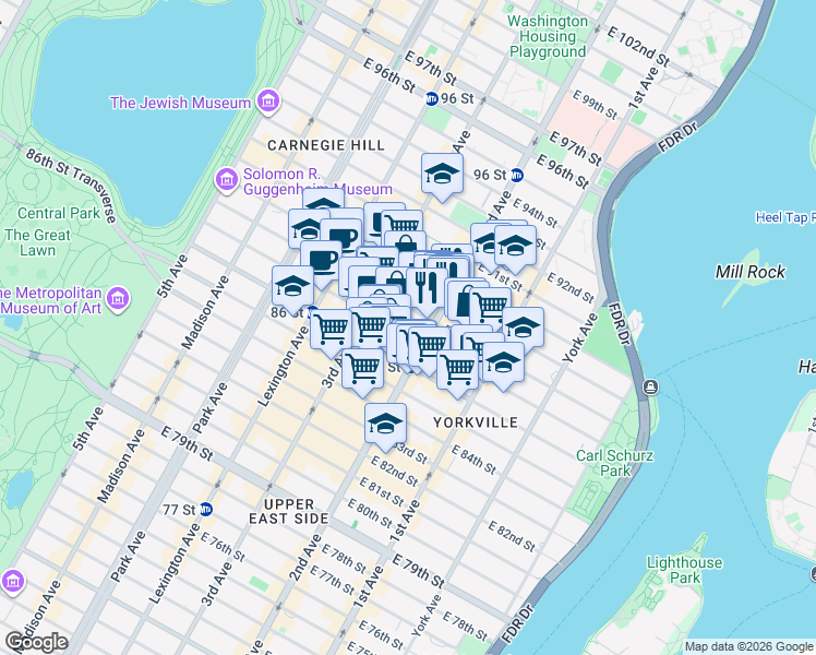 map of restaurants, bars, coffee shops, grocery stores, and more near 245 East 87th Street in New York
