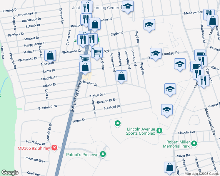 map of restaurants, bars, coffee shops, grocery stores, and more near 26 Beacon Street in Shirley