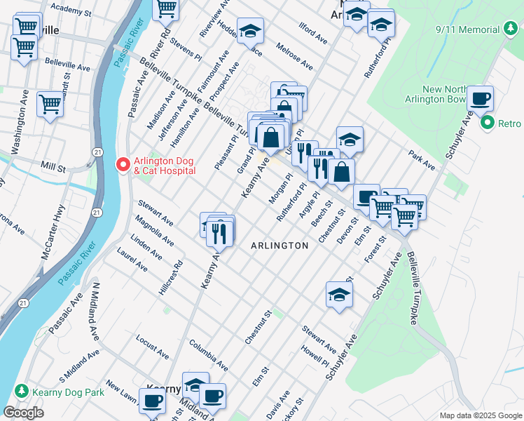 map of restaurants, bars, coffee shops, grocery stores, and more near 75 Morgan Place in Kearny