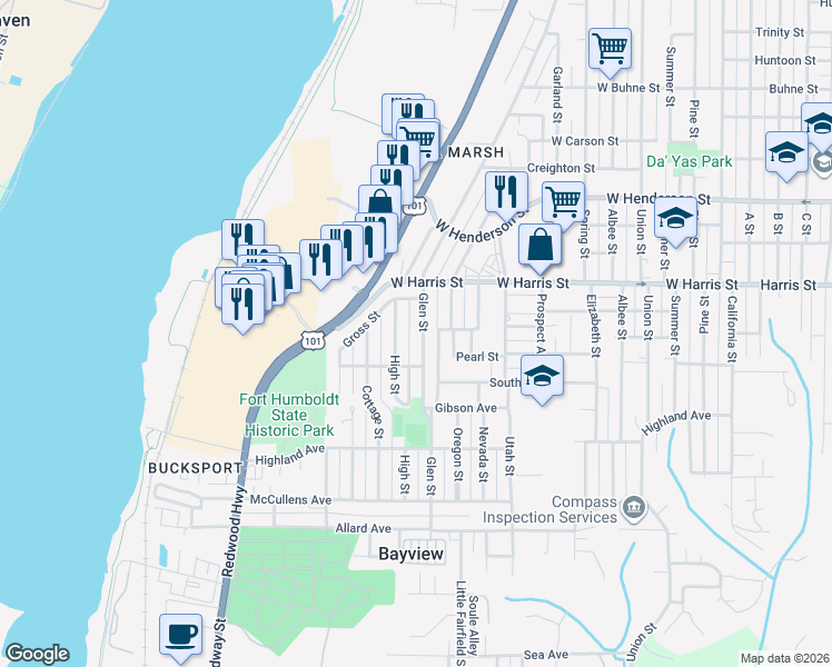 map of restaurants, bars, coffee shops, grocery stores, and more near 3206 Glen St in Eureka