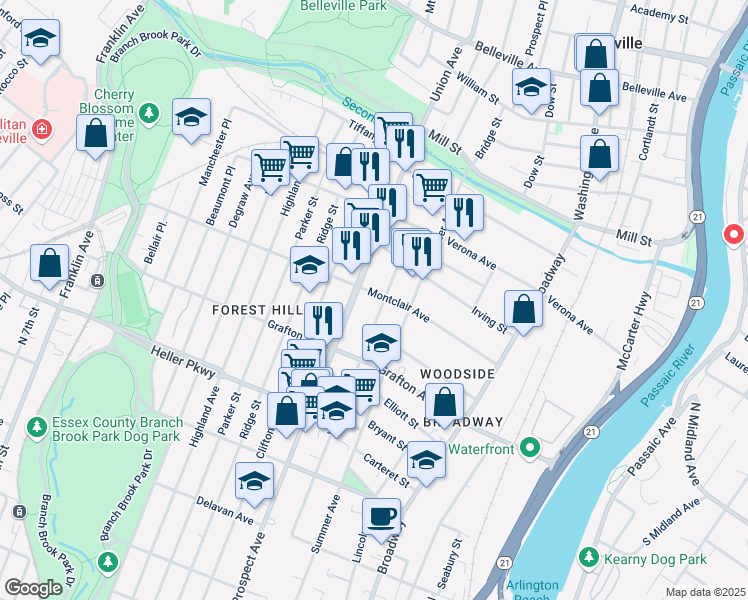 map of restaurants, bars, coffee shops, grocery stores, and more near 176 Montclair Avenue in Newark