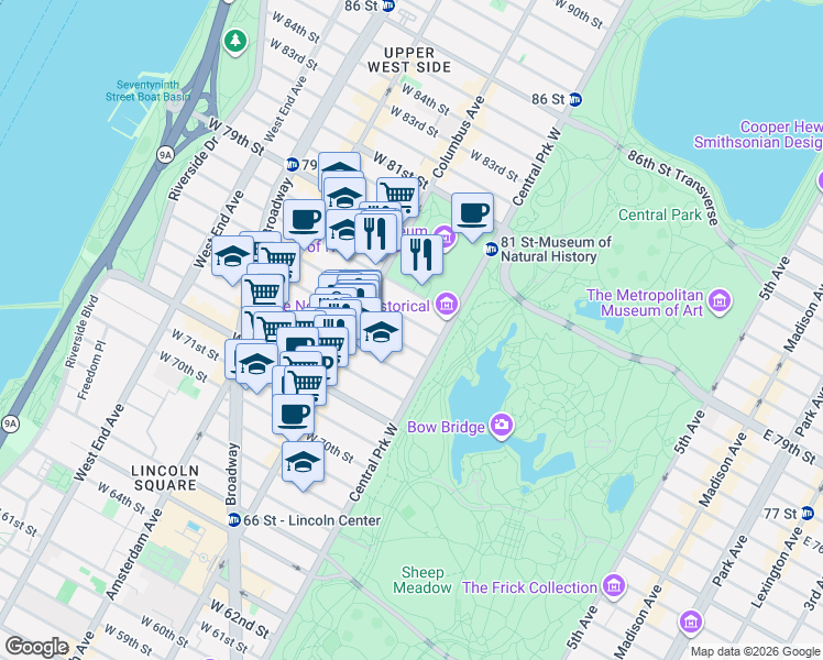 map of restaurants, bars, coffee shops, grocery stores, and more near 22 West 76th Street in New York