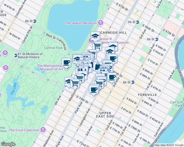 map of restaurants, bars, coffee shops, grocery stores, and more near 990 Park Avenue in New York