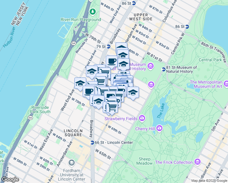 map of restaurants, bars, coffee shops, grocery stores, and more near 132 West 74th Street in New York
