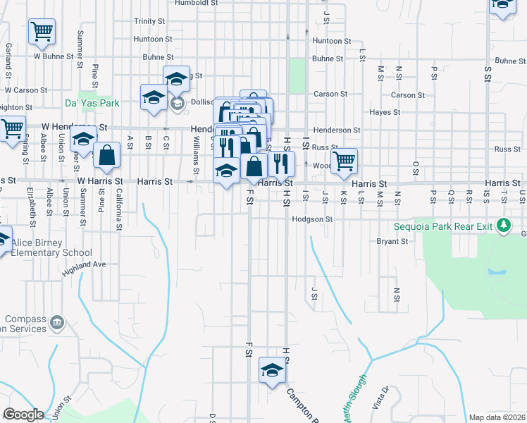 map of restaurants, bars, coffee shops, grocery stores, and more near 3224 G Street in Eureka