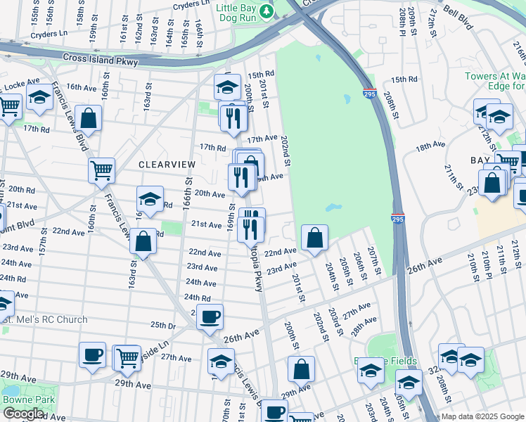 map of restaurants, bars, coffee shops, grocery stores, and more near 199-25 21st Avenue in Queens