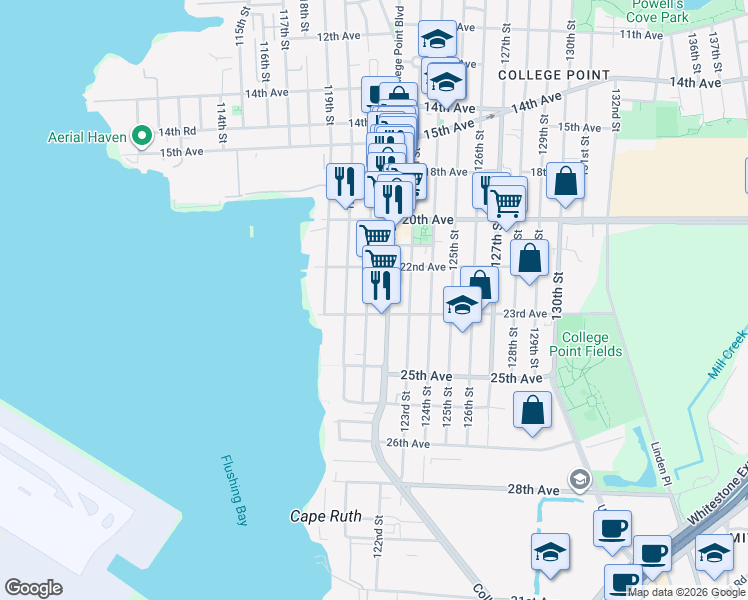 map of restaurants, bars, coffee shops, grocery stores, and more near 22-35 121st Street in Queens