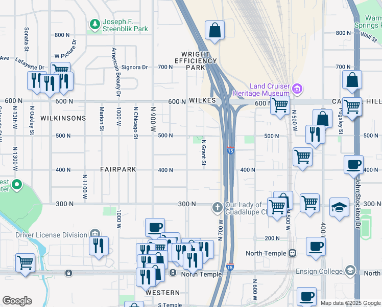 map of restaurants, bars, coffee shops, grocery stores, and more near 448 North 8th West in Salt Lake City