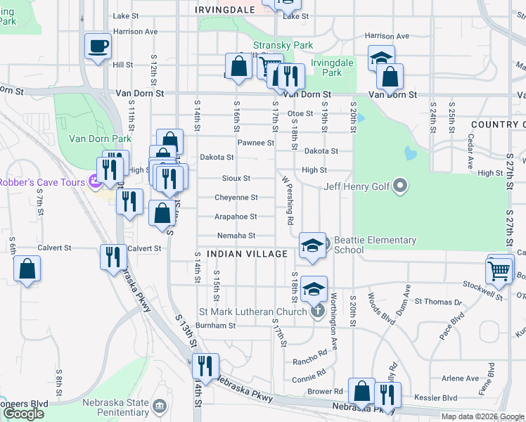 map of restaurants, bars, coffee shops, grocery stores, and more near 1666 Arapahoe Street in Lincoln