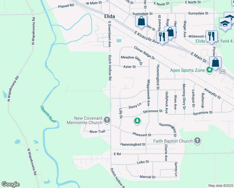 map of restaurants, bars, coffee shops, grocery stores, and more near 2907 Lilly Drive in Elida