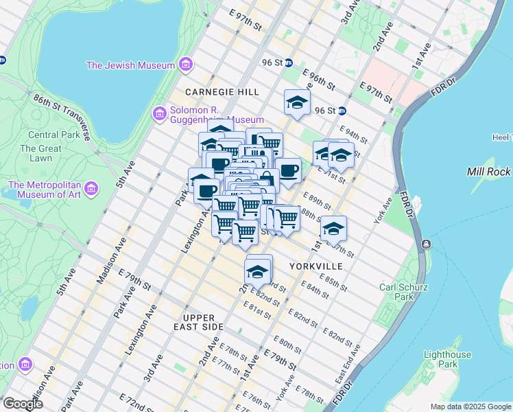 map of restaurants, bars, coffee shops, grocery stores, and more near 210 East 87th Street in New York