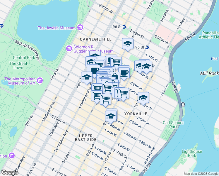 map of restaurants, bars, coffee shops, grocery stores, and more near 1529 3rd Avenue in New York