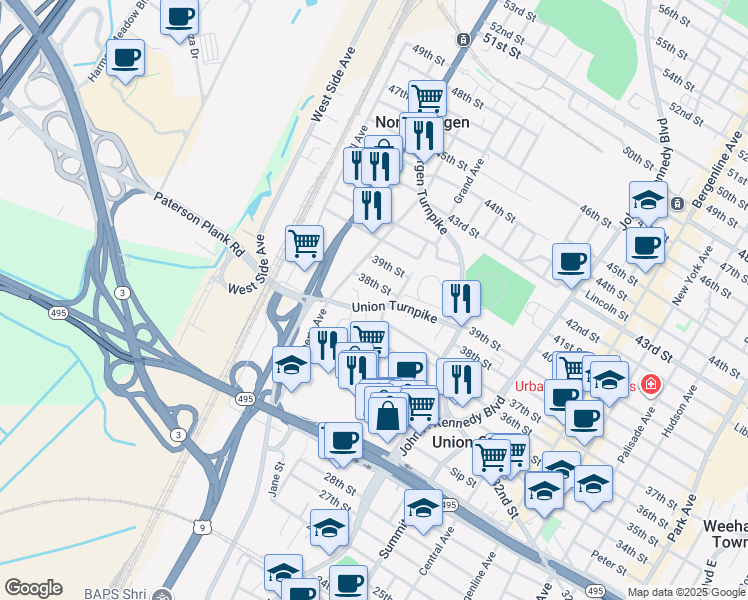 map of restaurants, bars, coffee shops, grocery stores, and more near 1524 Union Turnpike in North Bergen