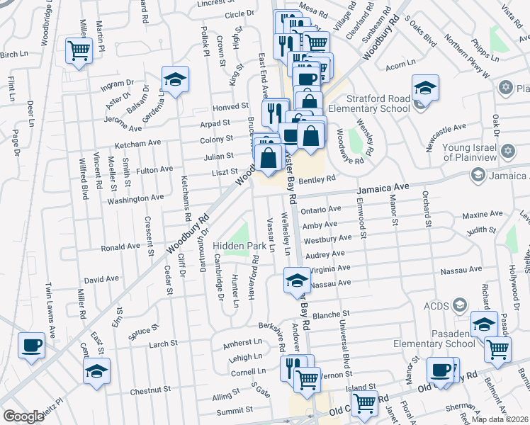 map of restaurants, bars, coffee shops, grocery stores, and more near 73 Vassar Lane in Hicksville
