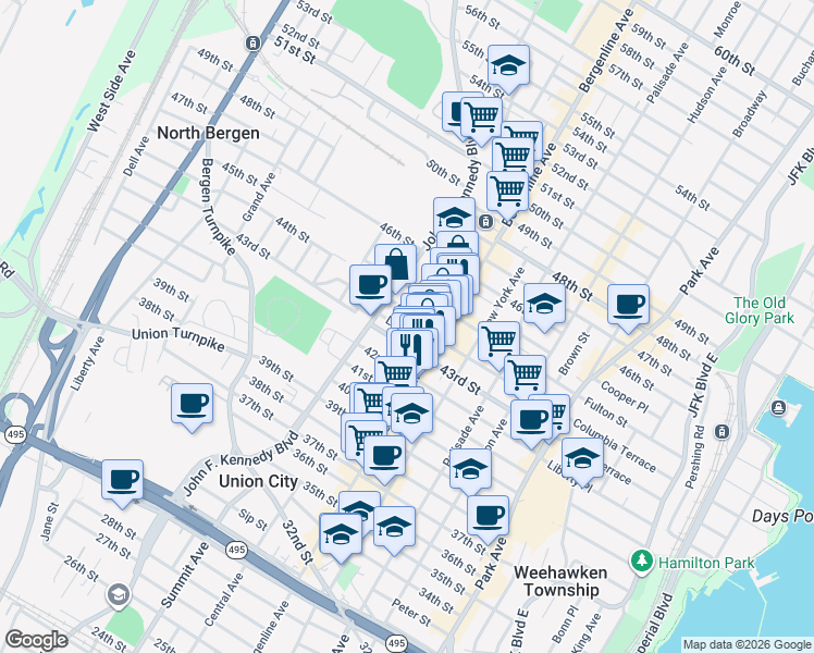 map of restaurants, bars, coffee shops, grocery stores, and more near 516 Lincoln Street in Union City