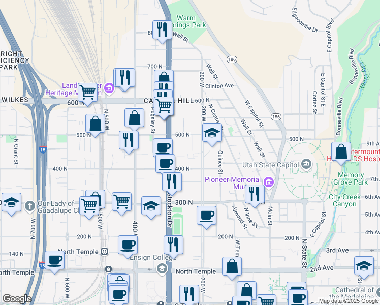 map of restaurants, bars, coffee shops, grocery stores, and more near 439 North 200 West in Salt Lake City