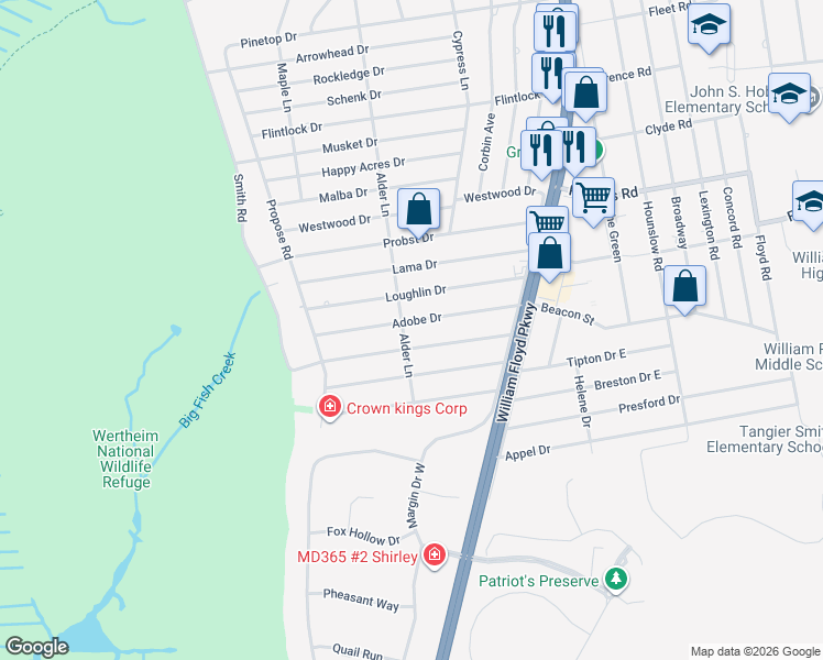 map of restaurants, bars, coffee shops, grocery stores, and more near 55 Alder Lane in Shirley