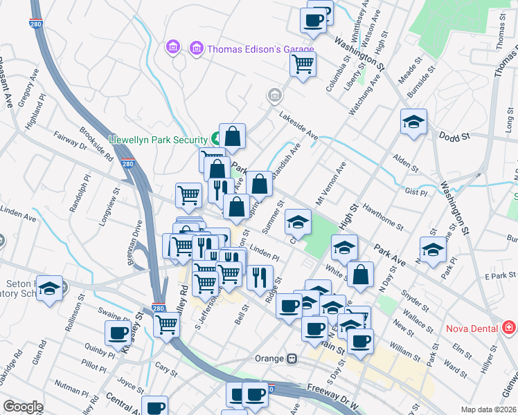 map of restaurants, bars, coffee shops, grocery stores, and more near 154 Spring Street in City of Orange
