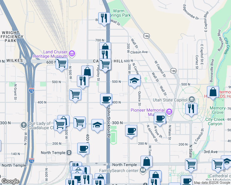 map of restaurants, bars, coffee shops, grocery stores, and more near 441 Bishop Place in Salt Lake City