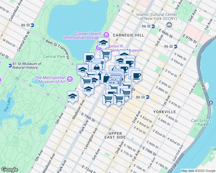 map of restaurants, bars, coffee shops, grocery stores, and more near 1009 Park Avenue in New York