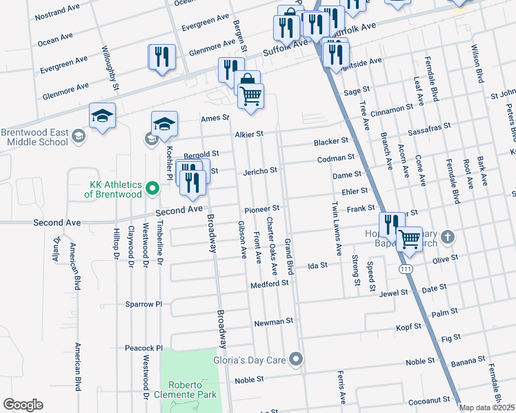 map of restaurants, bars, coffee shops, grocery stores, and more near 155 Front Avenue in Brentwood