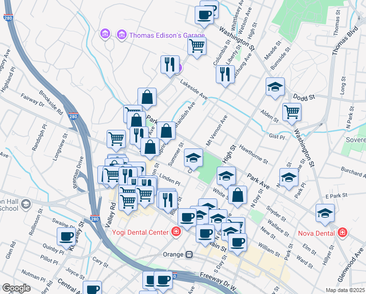 map of restaurants, bars, coffee shops, grocery stores, and more near 170 Summer Street in City of Orange