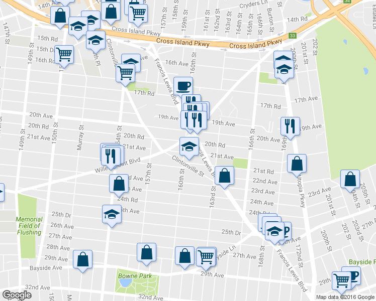map of restaurants, bars, coffee shops, grocery stores, and more near 20-21 160th Street in Queens